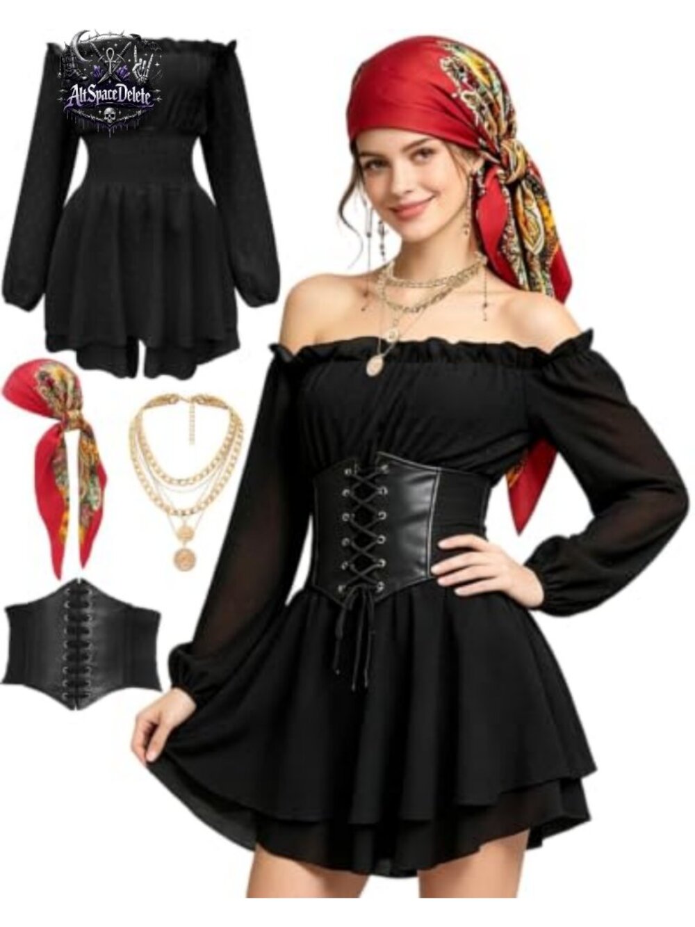 Women's Pirate Costume Dress Off Shoulder Corset Romper Long Sleeve Adult